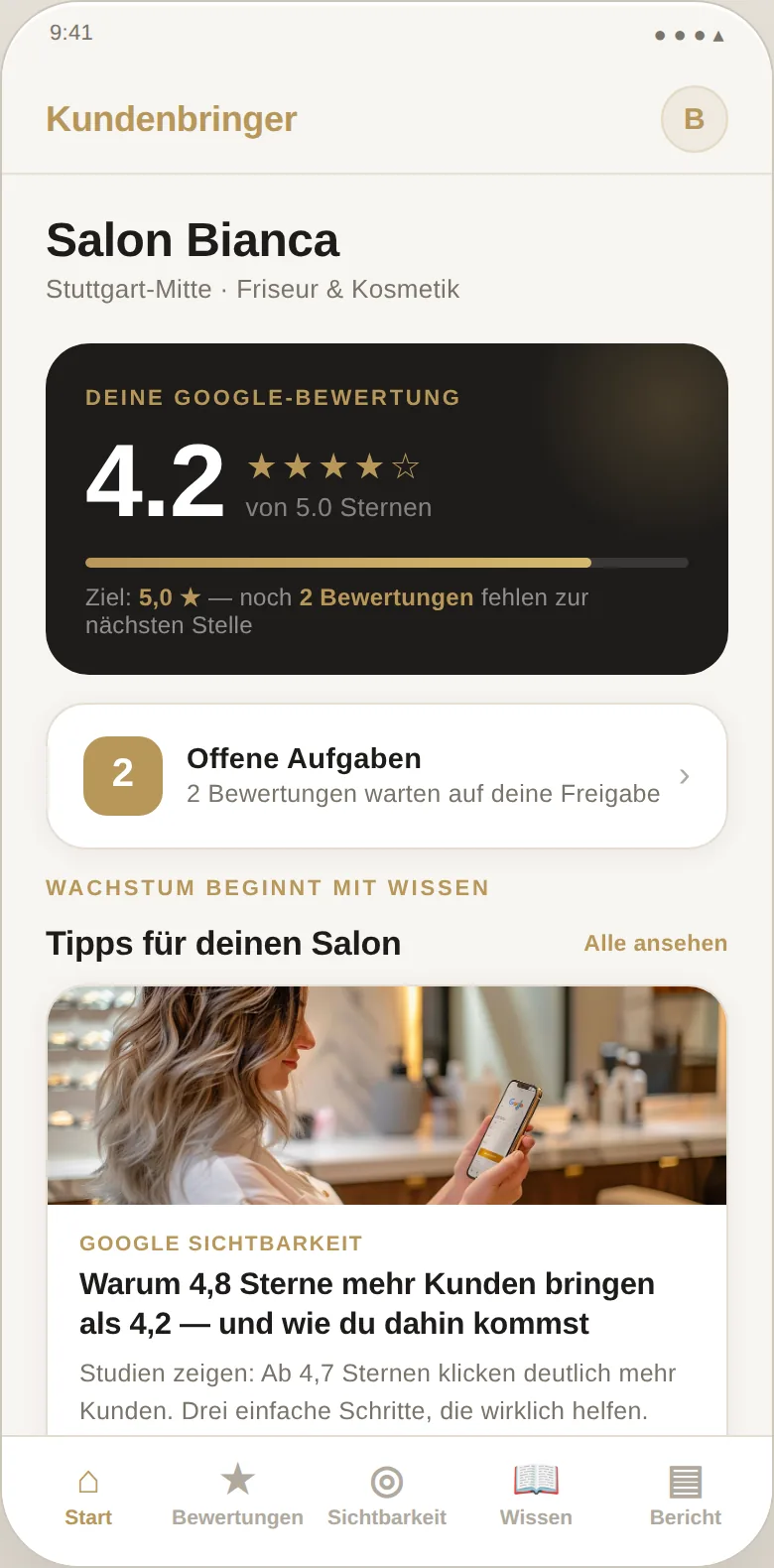 Kundenbringer-App: Startbildschirm mit Google-Bewertung und offenen Aufgaben