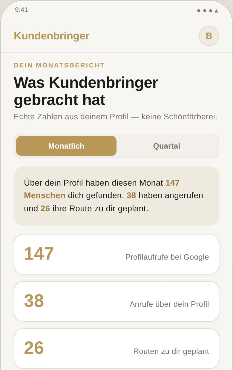 Kundenbringer-App: Monatsbericht mit Profilaufrufen, Anrufen und Routenanfragen
