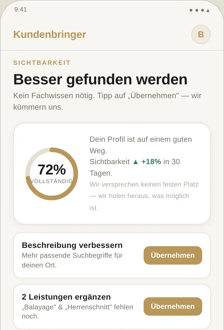 Kundenbringer-App: Sichtbarkeits-Vorschläge zum Übernehmen mit einem Klick
